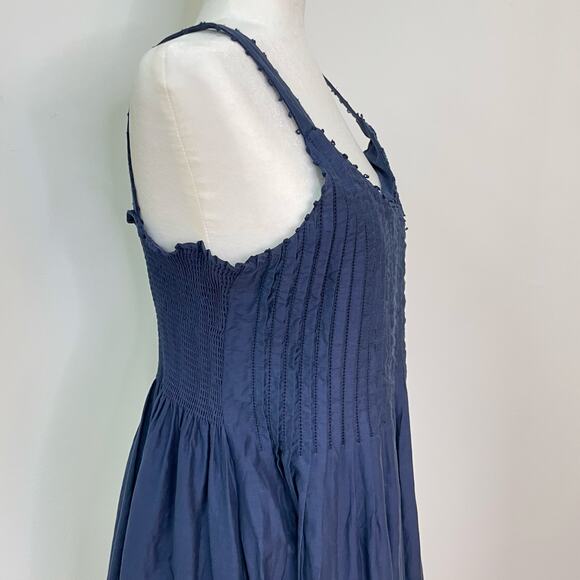 Lafayette 148 Blue Cotton-Silk Sz 6 Pleated Smocked Sleeveless Midi Summer Dress - Picture 3 of 9